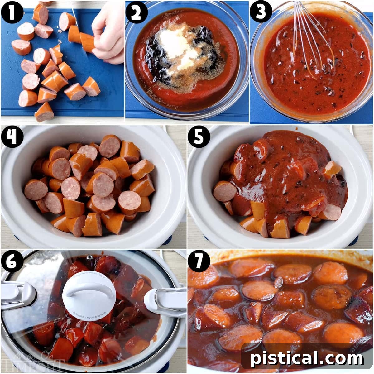Seven image collage showing how to make kielbasa in the slow cooker.