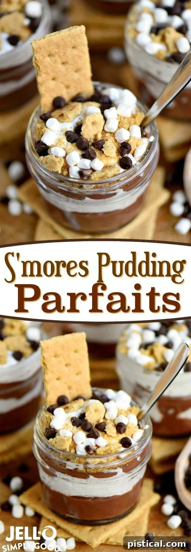 A vibrant S'mores Pudding Parfait graphic encouraging readers to make the dessert with hashtags.