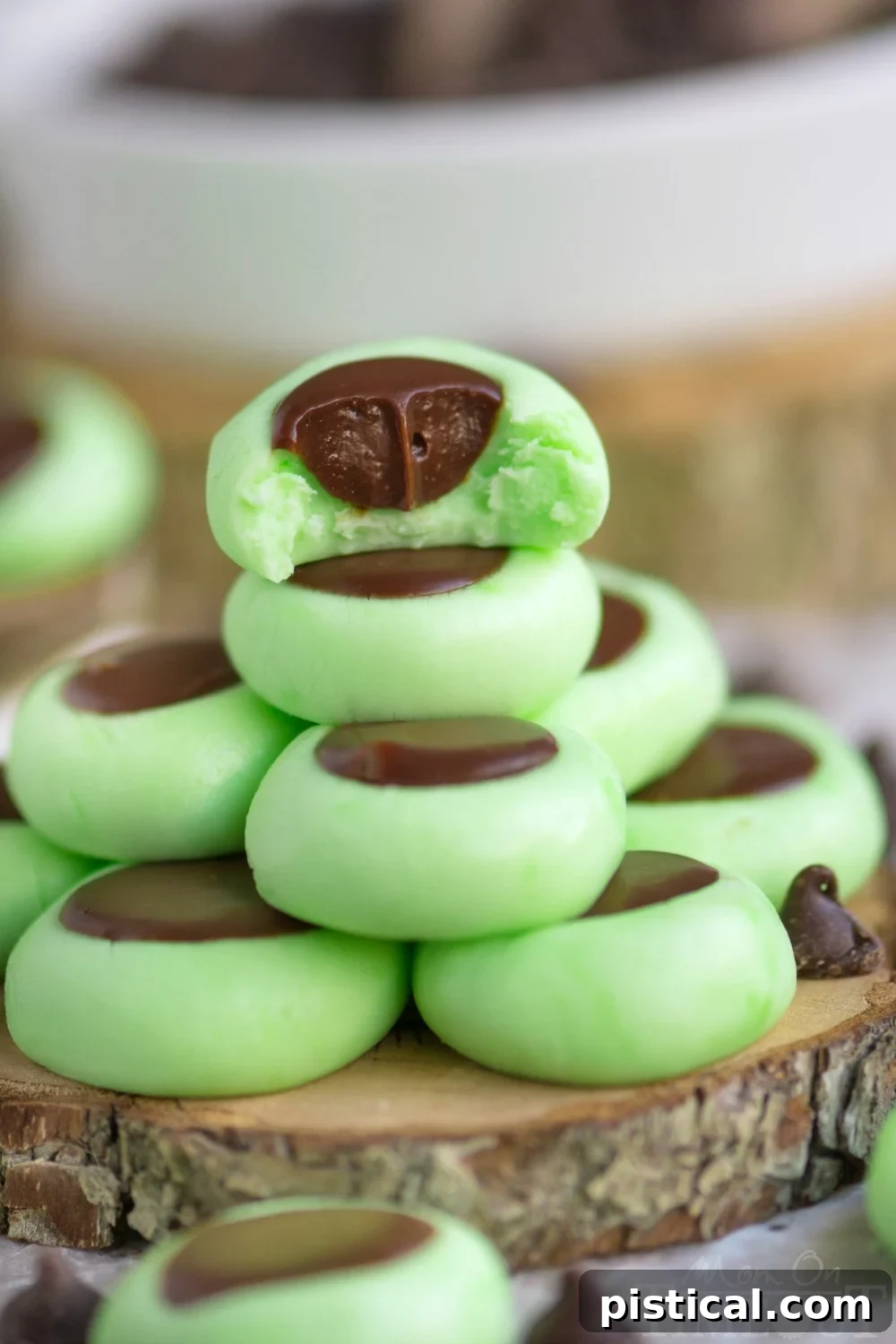 Array of finished Chocolate Mint Cream Cheese Buttons on a platter, ready to serve.