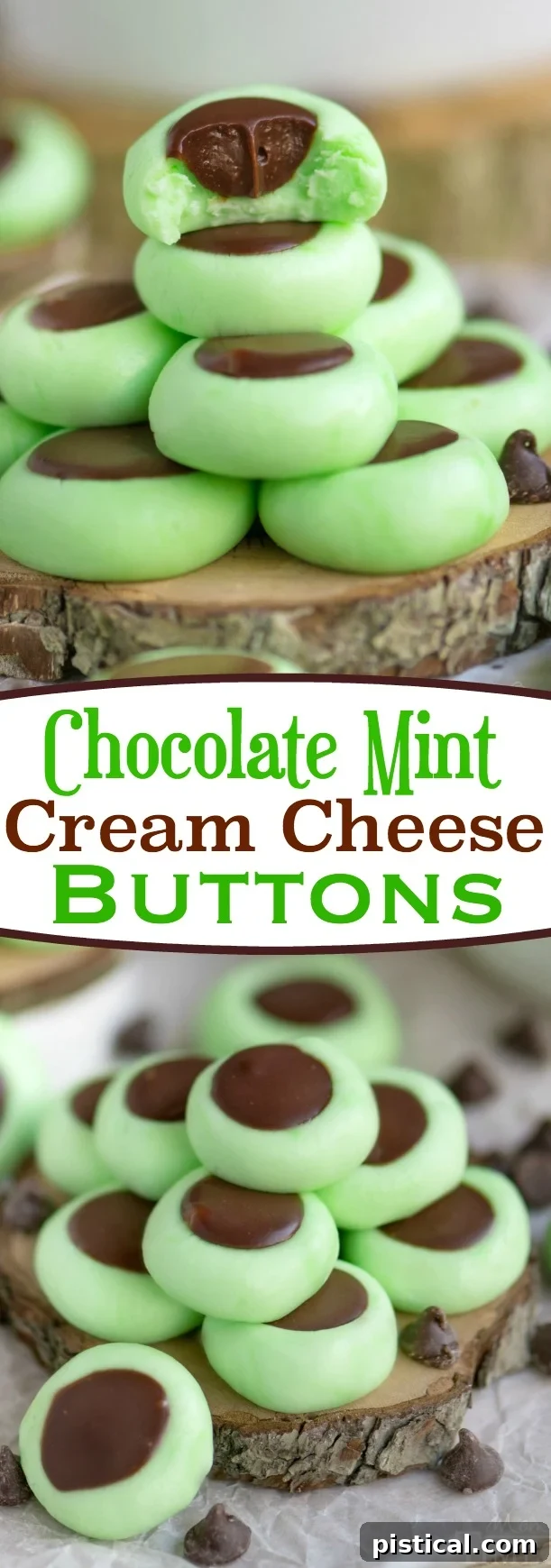 Stacked Chocolate Mint Cream Cheese Buttons ready for serving.