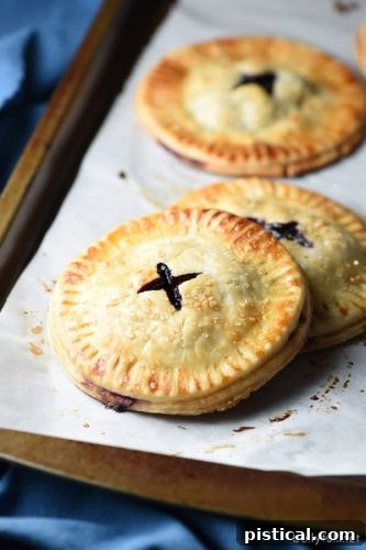 Small, delightful Blueberry Coconut Mini Hand Pies, baked to golden perfection and bursting with fruity coconut flavor.