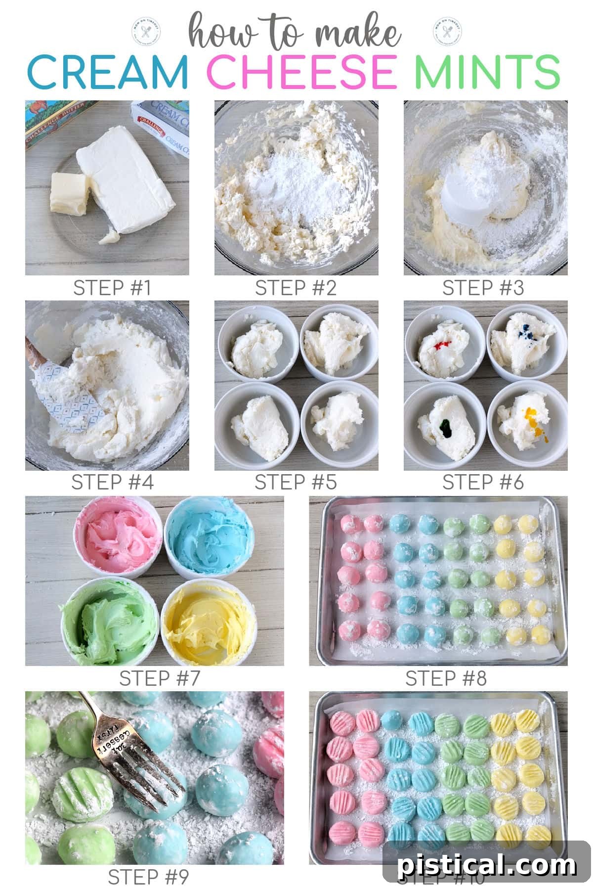 Irresistible Cream Cheese Mints 5 Ten image collage showing how to make cream cheese mints step by step. Text overlay at the top of the image.