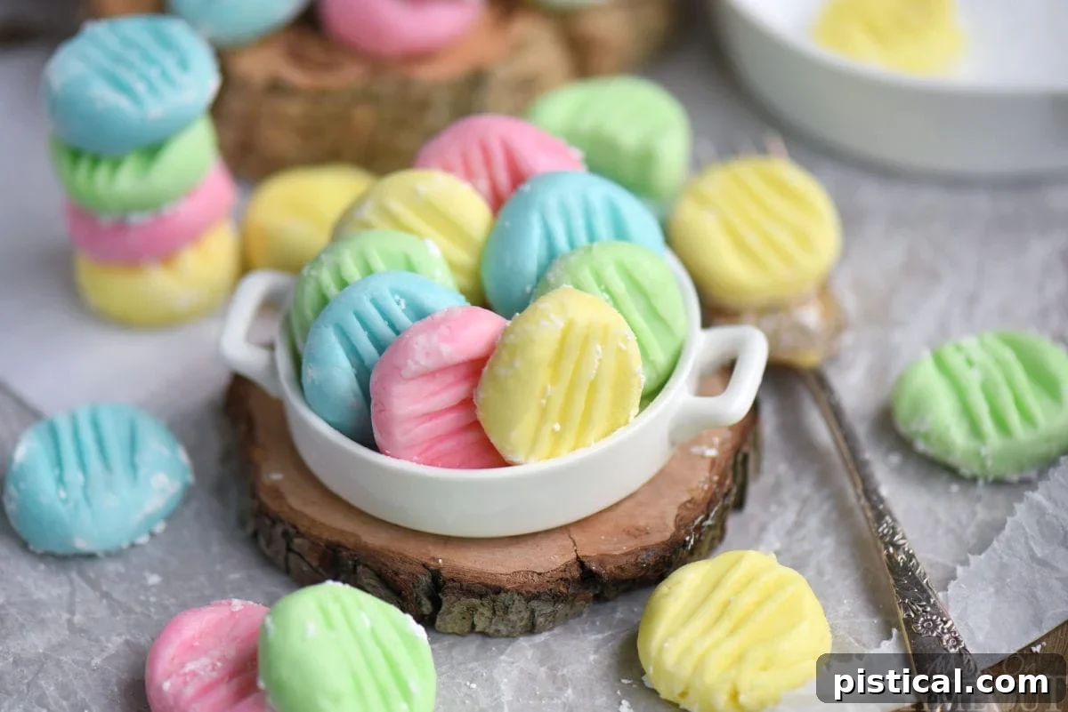 Irresistible Cream Cheese Mints 6 Colorful pastel cream cheese mints in white shallow dish sitting on wood surface. More mints are scattered around the bowl.