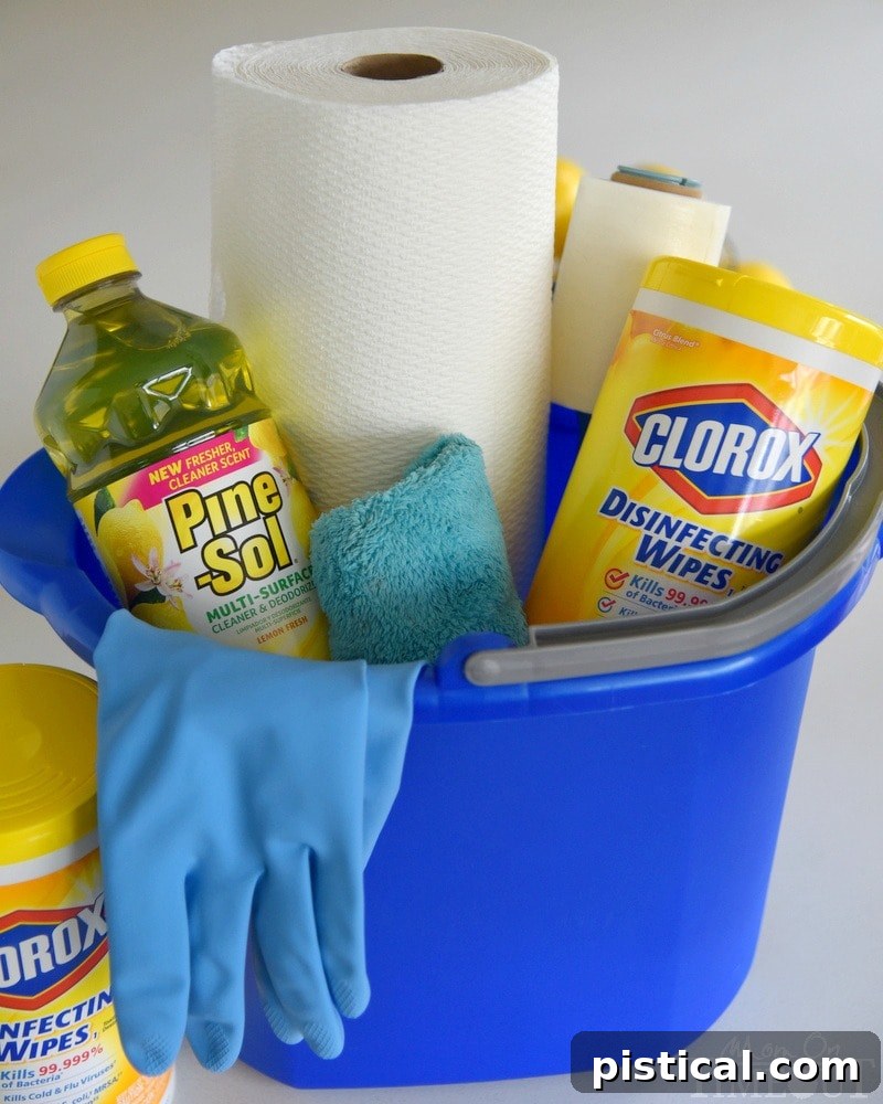 Cleaning caddy with essential supplies for efficient spring cleaning