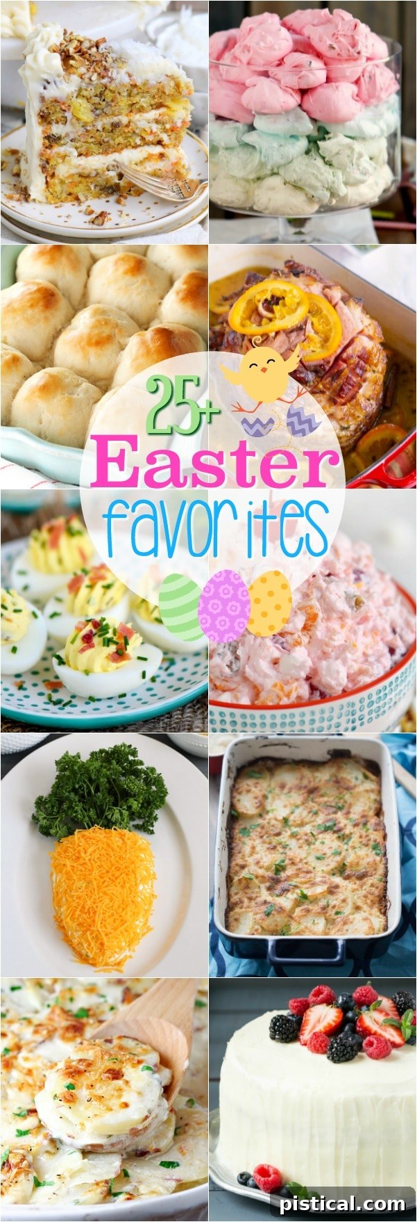 A charming close-up of a rustic wooden table adorned with an Easter bunny decoration and a handwritten sign encouraging guests to 'PIN IT NOW!' for more Easter recipes. The background features a softly blurred image of various festive Easter dishes, suggesting a bountiful holiday spread.
