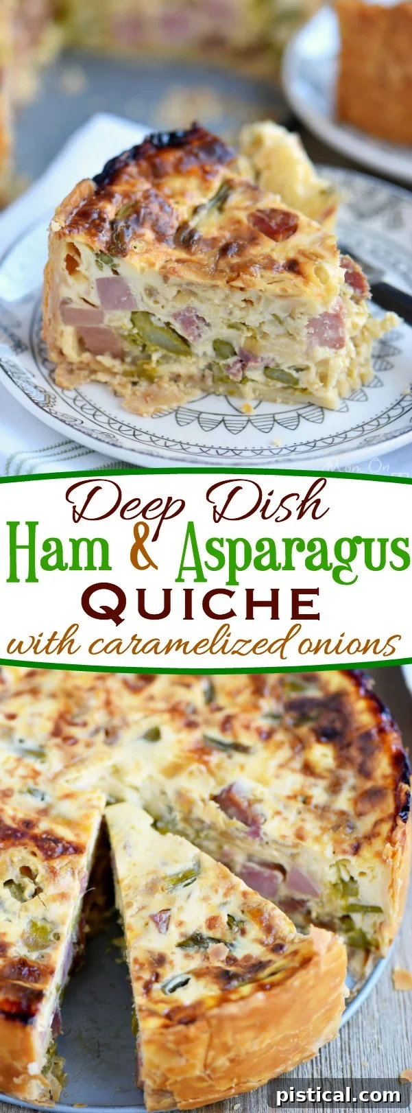 Sumptuous Deep Dish Ham and Asparagus Quiche 7 A large slice of Deep Dish Ham and Asparagus Quiche with a perfect crust.
