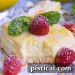 Aunt Pam's Lemon Cheesecake Bars with a golden crust and creamy lemon filling, garnished with fresh berries.
