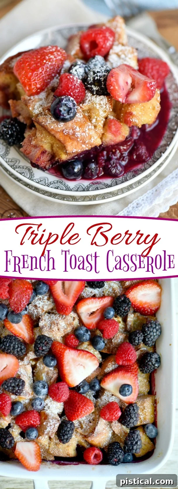 A stunning shot of the Triple Berry French Toast Casserole, garnished for serving.
