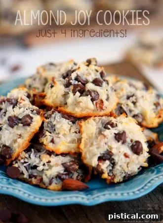Almond Joy Cookies featuring coconut, almonds, and chocolate chips.