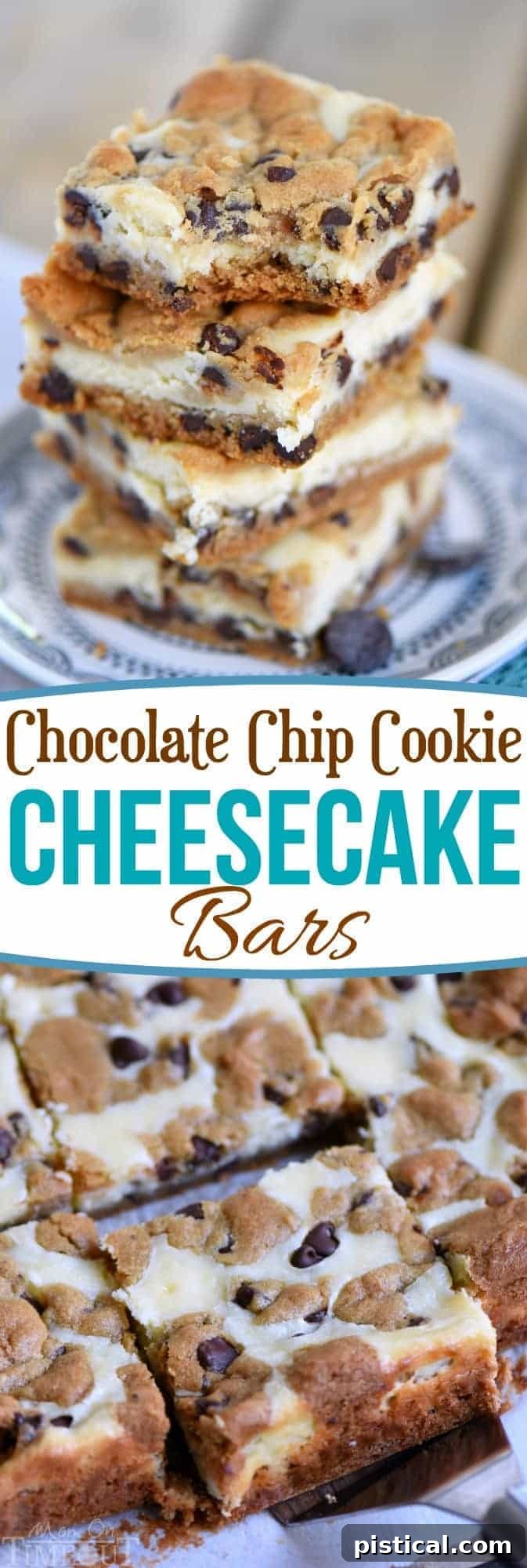 A collage featuring different stages of making Chocolate Chip Cookie Cheesecake Bars, from ingredients to finished product.