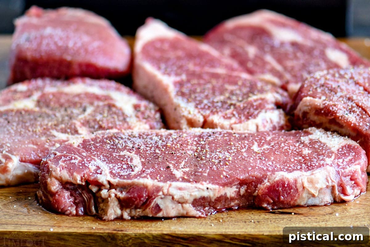 A variety of raw steaks, seasoned with salt and pepper, arranged on a wooden cutting board.