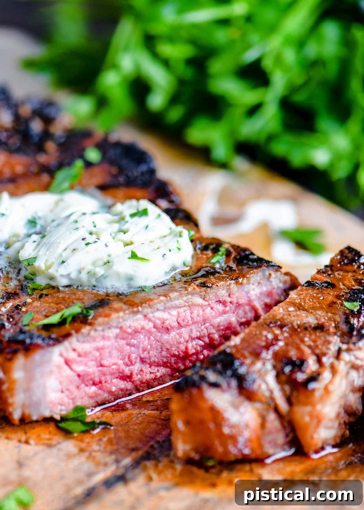 Cooked steak on a cutting board with compound butter melting on top, garnished with fresh parsley.