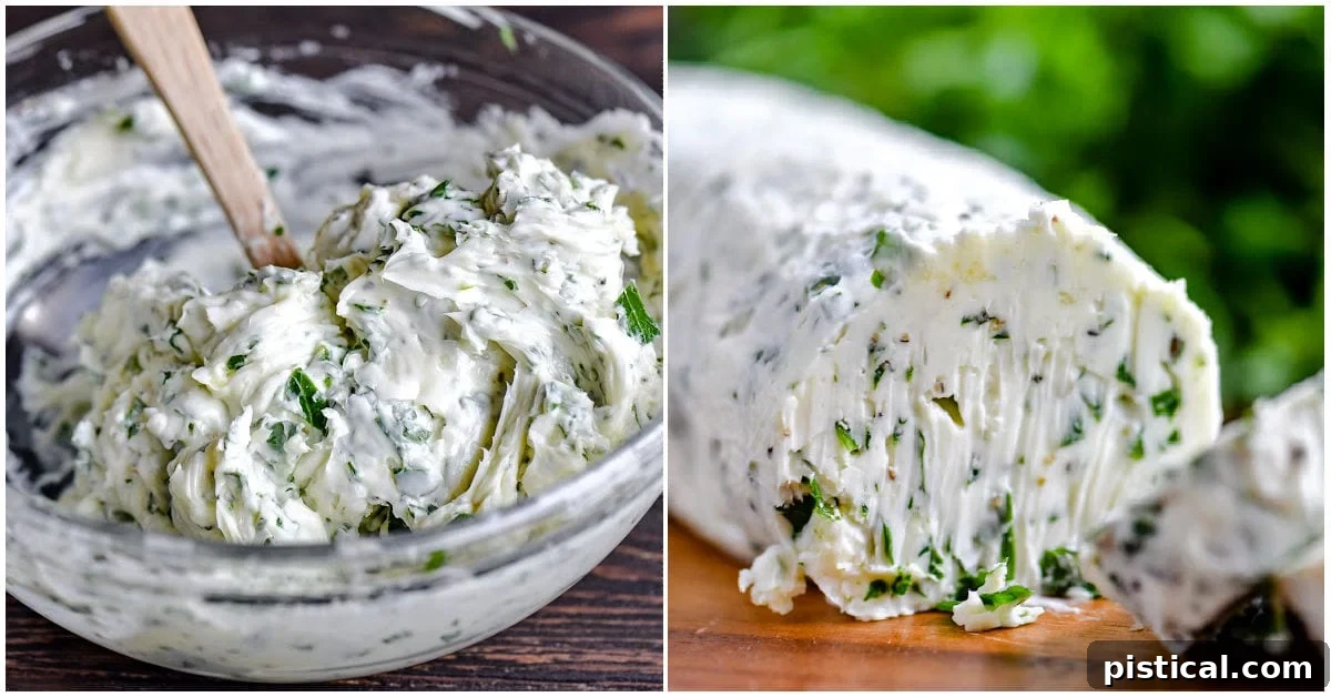 Two-image collage showing garlic herb butter being mixed in a bowl and then shaped into a log.