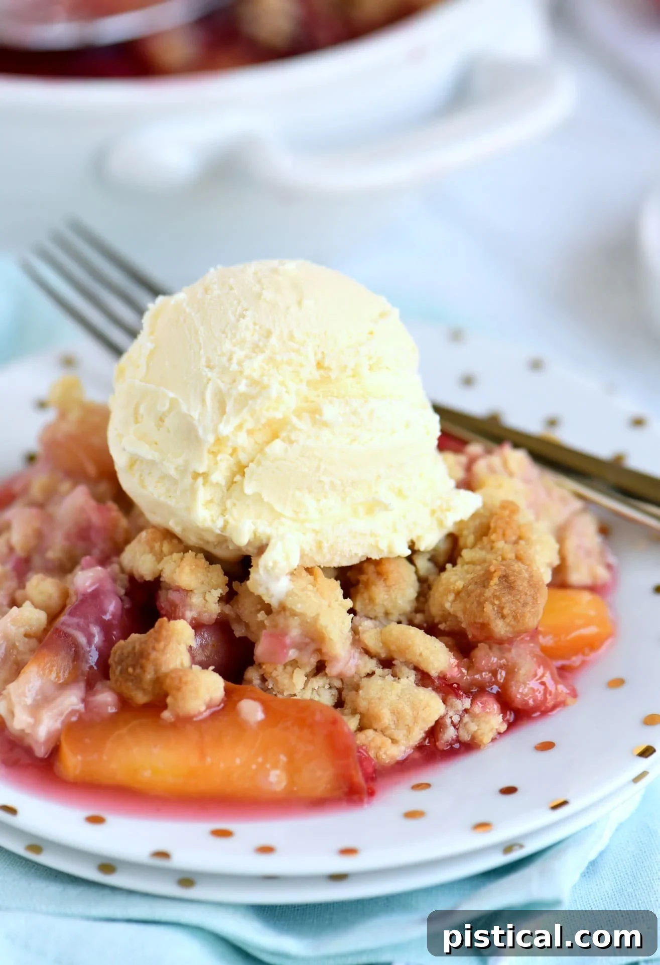 A single serving of Raspberry Peach Crumble on a white plate, generously topped with a scoop of melting vanilla ice cream