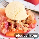 A single serving of Raspberry Peach Crumble on a white round plate, generously topped with a big scoop of vanilla ice cream.