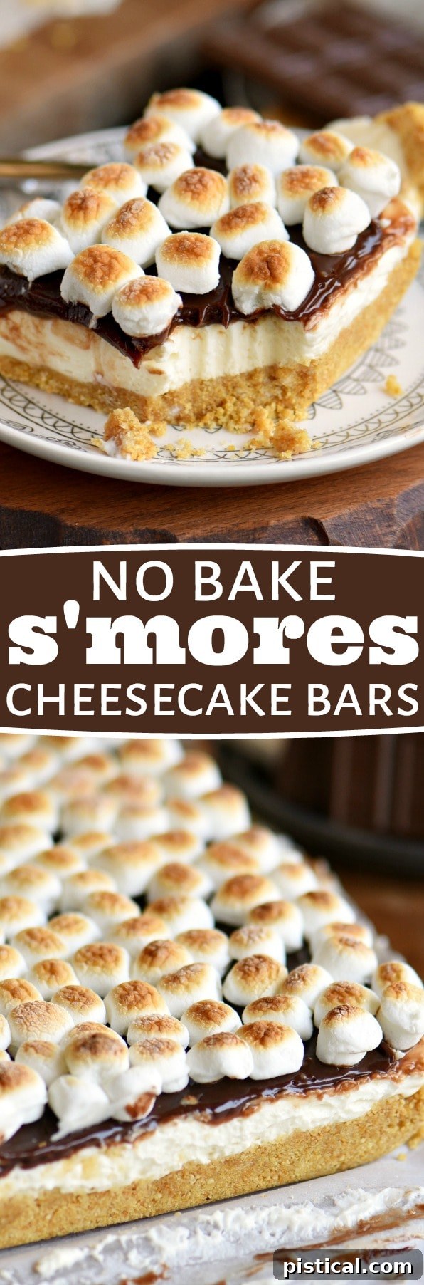 Full view of no-bake s'mores cheesecake bars with graham cracker crust, ganache, and perfectly roasted marshmallows, set on a serving platter.