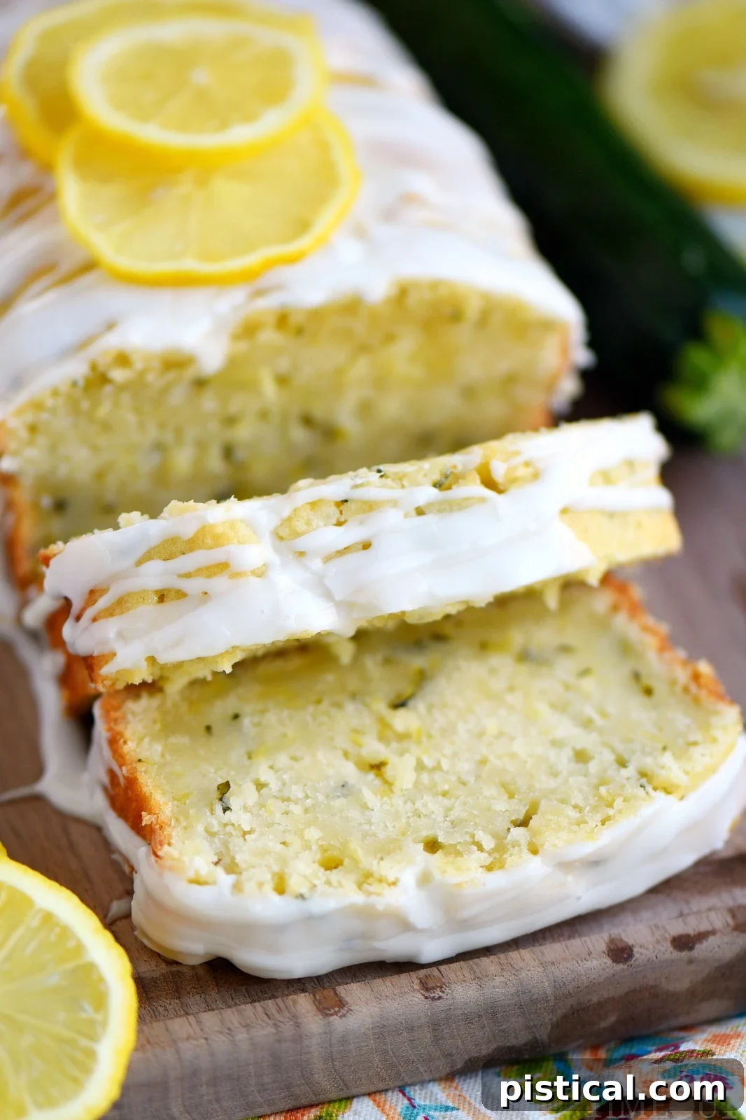 Close-up of the freshly baked Lemon Zucchini Cake loaf, showing its golden-brown crust and glistening lemon glaze.