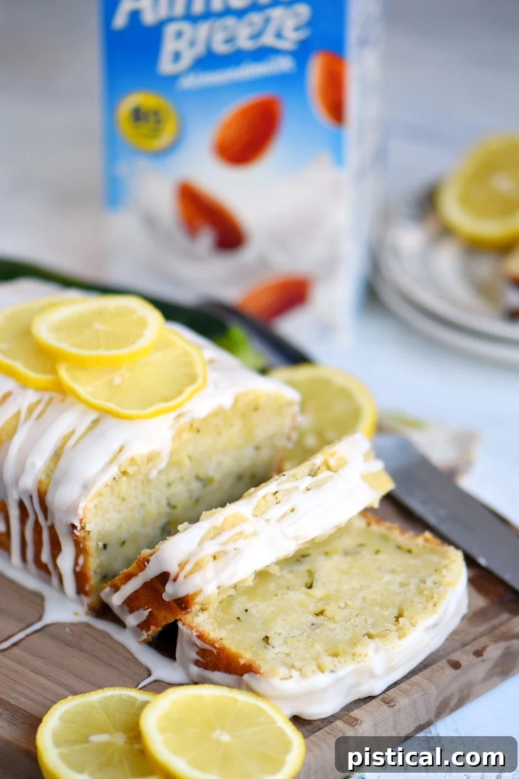 The moist interior of the Lemon Zucchini Cake, speckled with grated zucchini and lemon zest.