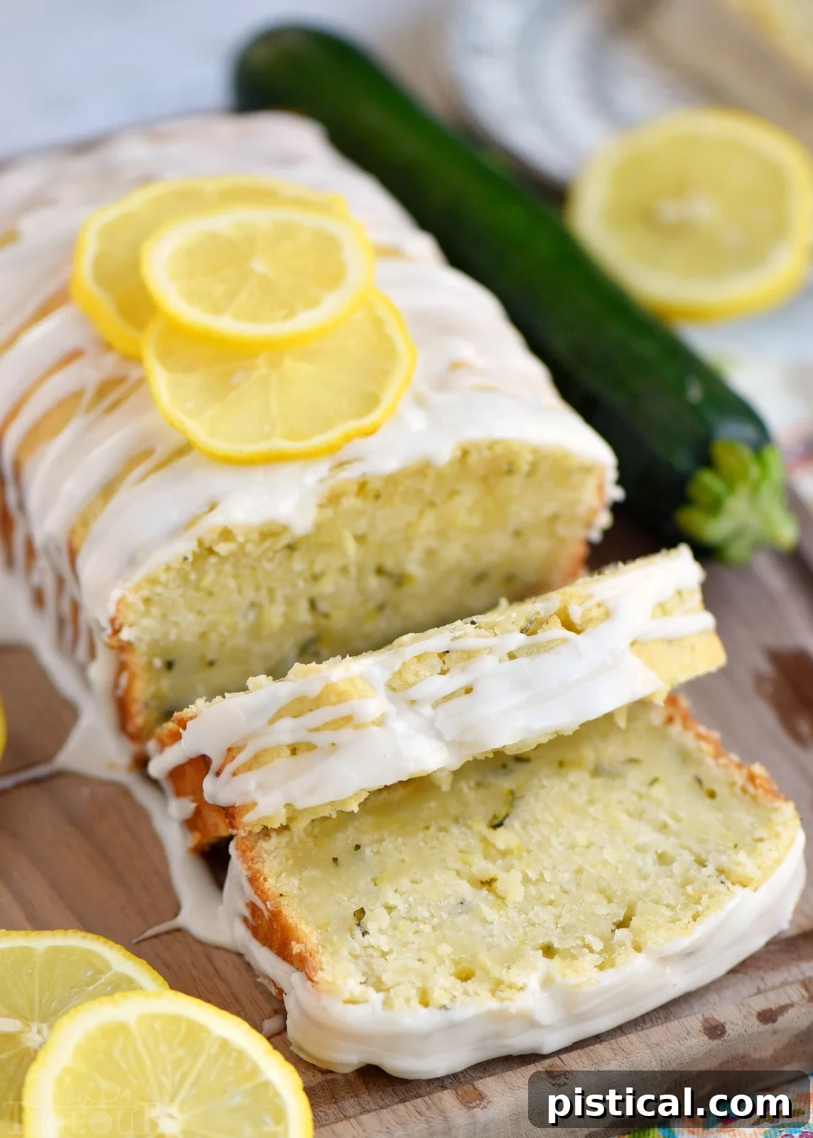 Two generous slices of Lemon Zucchini Cake stacked on a small white plate, ready to be enjoyed.