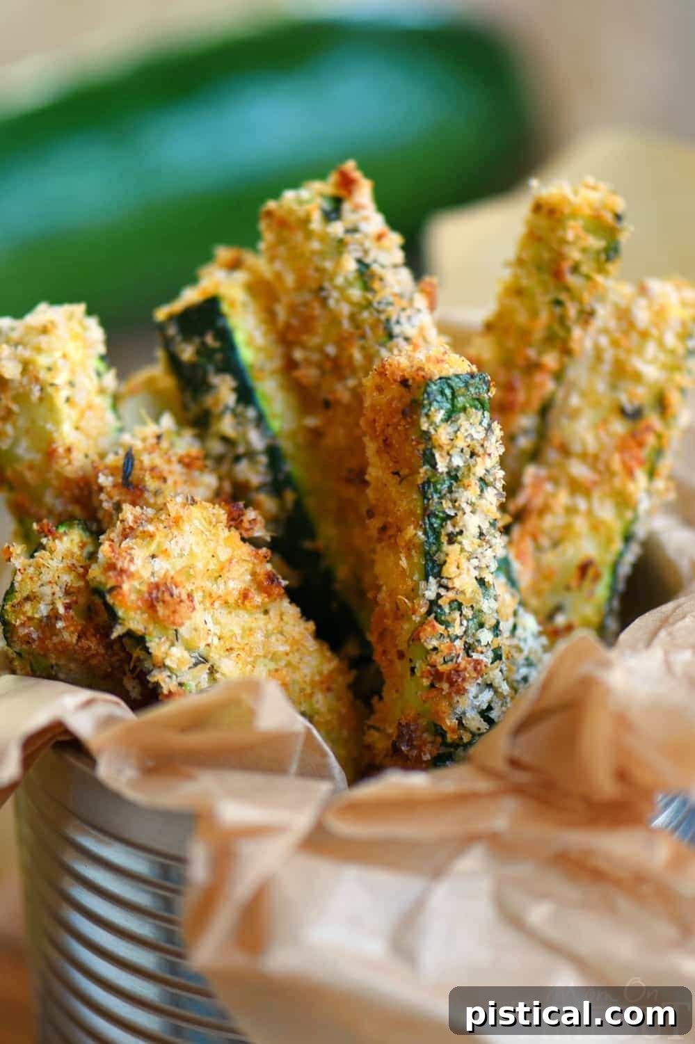 A large pile of freshly baked, golden Parmesan Zucchini Fries ready to be served, highlighting their crispy texture.