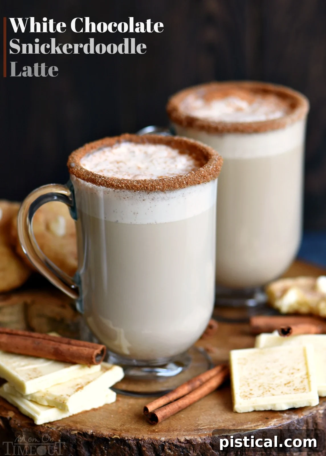 Frosted White Chocolate Snickerdoodle Latte 2 A beautifully prepared White Chocolate Snickerdoodle Latte, showing a frothy top dusted with cinnamon, perfect for a cozy homemade coffee treat. The image highlights the inviting warmth and delicious appeal of this coffeehouse-style beverage, suitable for both hot and cold enjoyment.