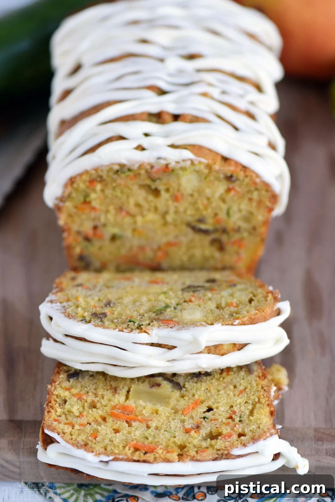 Spiced Carrot Apple Zucchini Loaf 3 Closeup of Carrot Apple Zucchini Bread showing its moist texture and colorful ingredients