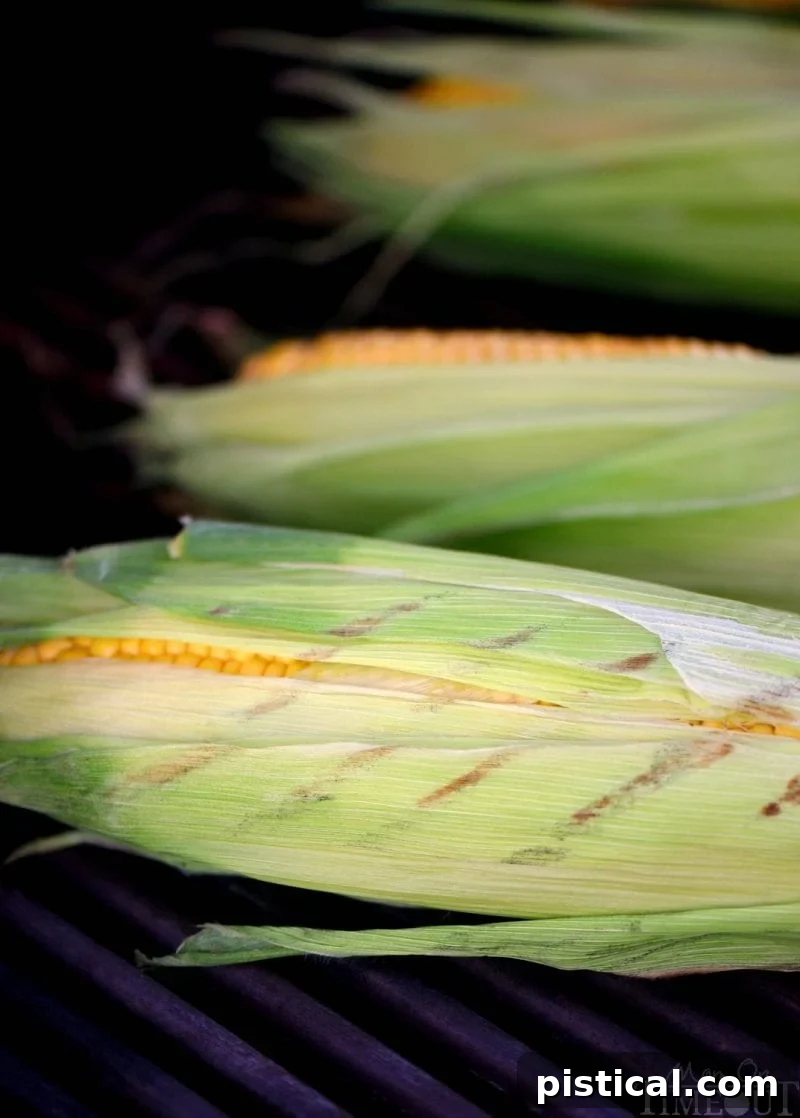Close-up showing the process of pulling back corn husks to remove silks before grilling.