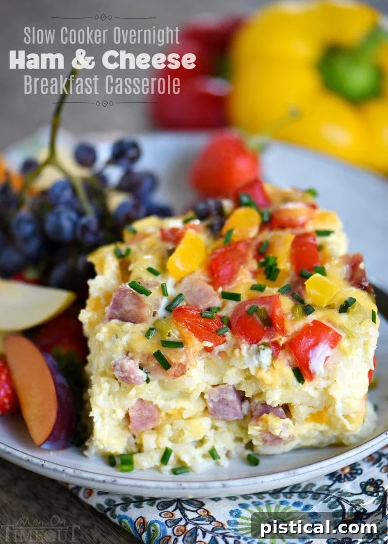 Morning-Ready Slow Cooker Ham and Cheese Casserole 2 This Slow Cooker Overnight Ham and Cheese Breakfast Casserole is a great way to start your day! Loaded with ham, cheese, potatoes, bell peppers, and more, this casserole is perfect for busy weekday mornings, holidays, or brunch! // Mom On Timeout
