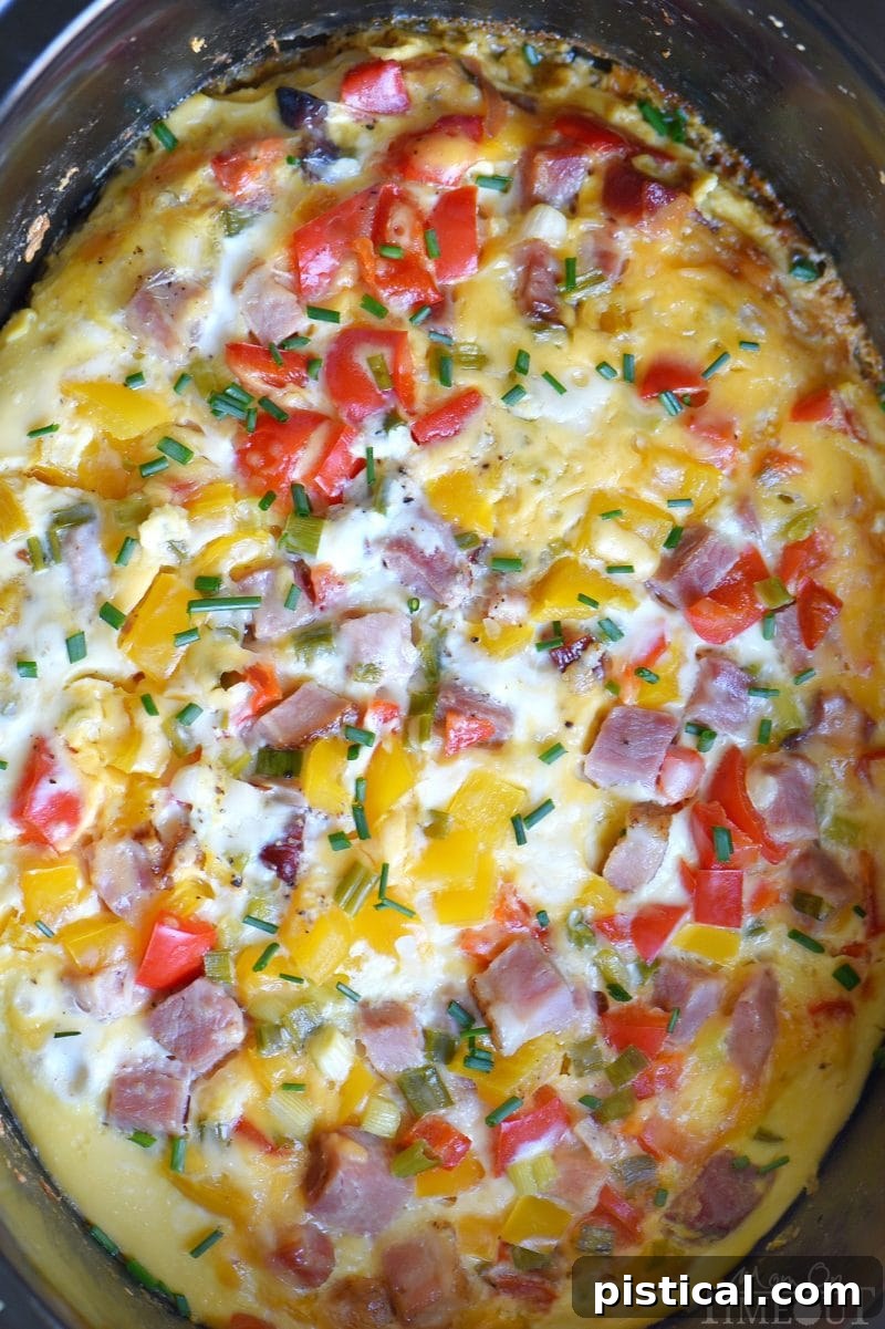 Morning-Ready Slow Cooker Ham and Cheese Casserole 3 This Slow Cooker Overnight Ham and Cheese Breakfast Casserole is a great way to start your day! Loaded with ham, cheese, potatoes, bell peppers, and more, this casserole is perfect for busy weekday mornings or Sunday brunch! // Mom On Timeout