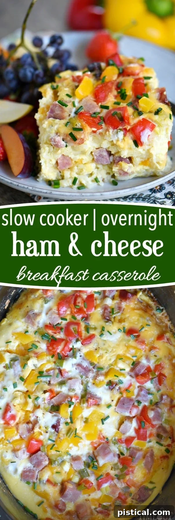 Morning-Ready Slow Cooker Ham and Cheese Casserole 7 This Slow Cooker Overnight Ham and Cheese Breakfast Casserole is a great way to start your day! Loaded with ham, cheese, potatoes, bell peppers, and more, this casserole is perfect for busy weekday mornings, holidays, or Sunday brunch! // Mom On Timeout