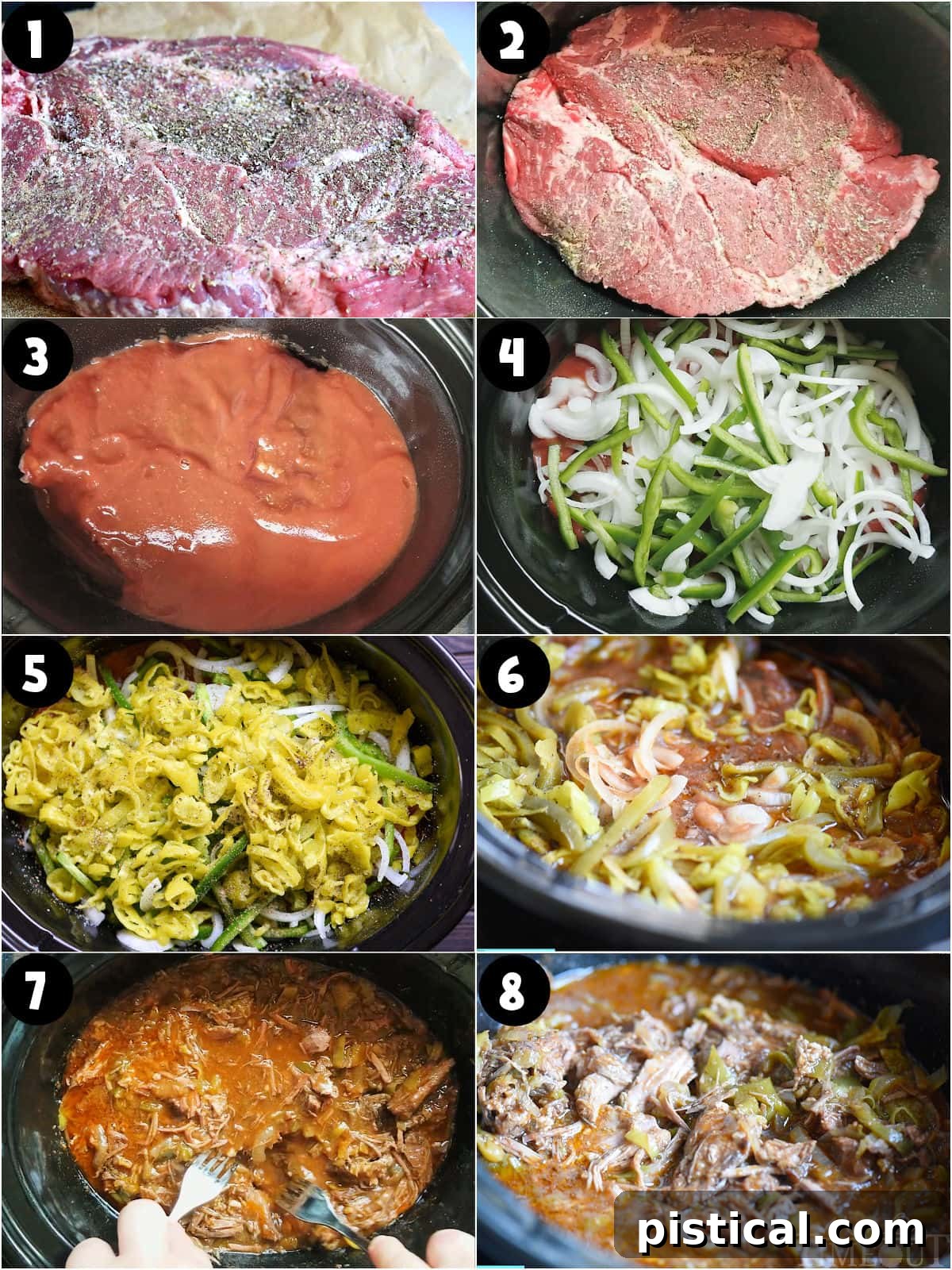 Fall-Apart Tender Slow Cooker Italian Beef Sandwiches 4 Eight image collage showing how to make italian beef in the slow cooker.