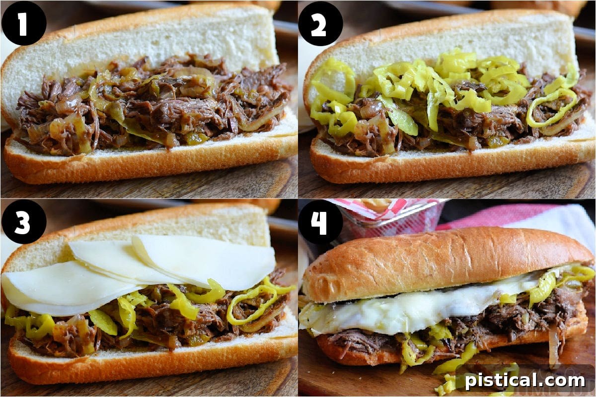 Fall-Apart Tender Slow Cooker Italian Beef Sandwiches 5 Four image collage showing how to make Italian Beef Sandwiches.