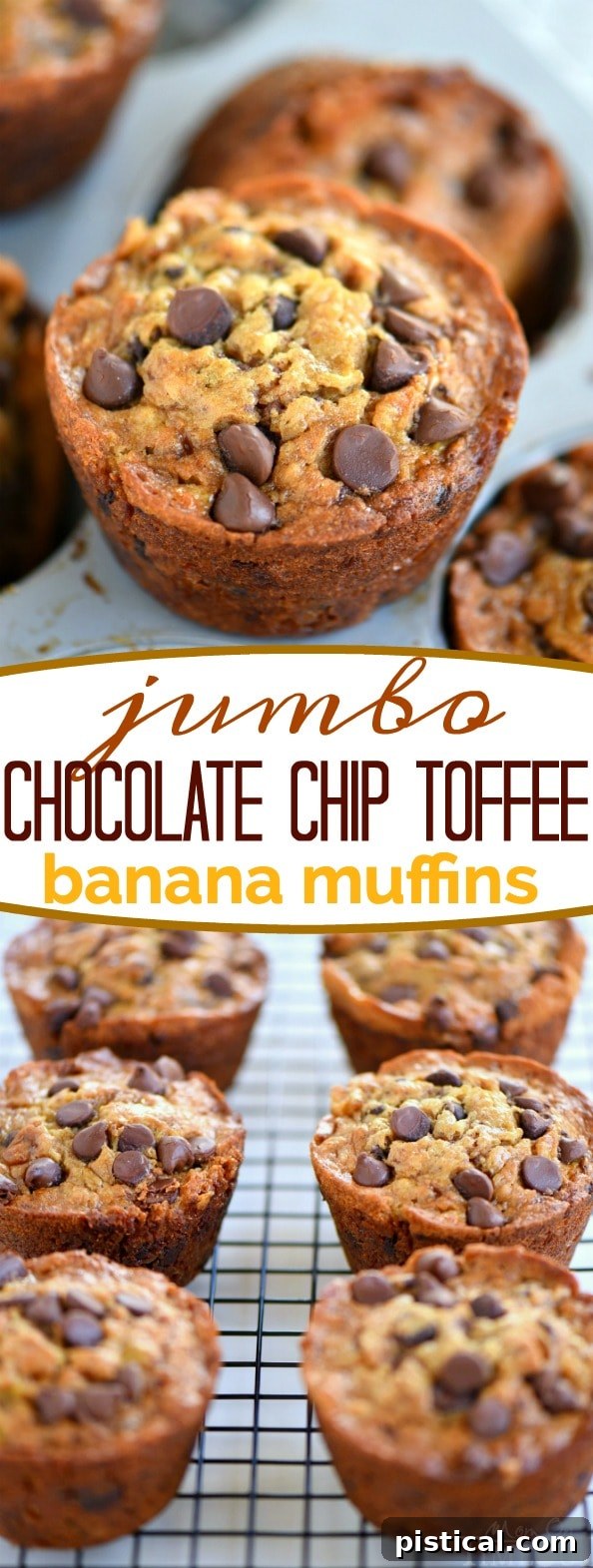 Ultimate Jumbo Banana Muffins with Gooey Chocolate and Sticky Toffee 6 A batch of freshly baked Jumbo Chocolate Chip Toffee Banana Muffins cooling on a wire rack, ready to be enjoyed.