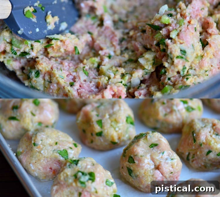 Ingredients for turkey meatballs laid out, including ground turkey, stuffing, herbs, and spices.