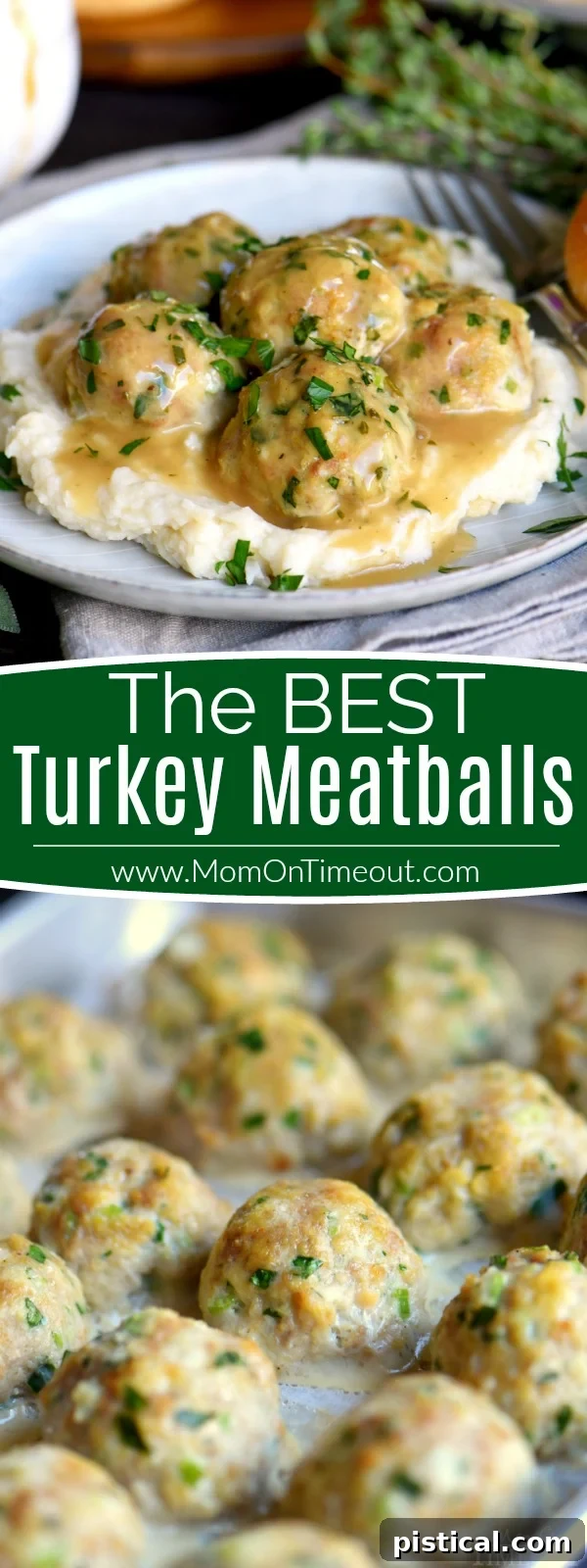 Side-by-side image showcasing baked turkey meatballs with herbed gravy.