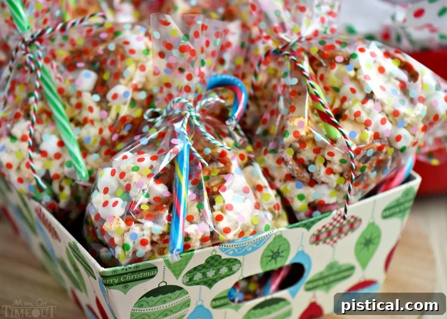 This wonderfully festive Snow Day Snack Mix is the perfect easy treat! Both sweet and salty, this holiday snack mix is great for Christmas, movie nights, parties, gifts and so much more! Individual bags of Snow Day Snack Mix, tied with baker's twine and a candy cane. // Mom On Timeout #christmas #dessert #snack #pretzels #marshmallows #redandgreen #momontimeout