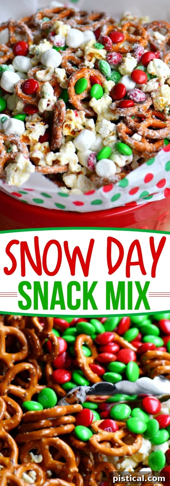 This wonderfully festive Snow Day Snack Mix is the perfect easy treat all holiday season long! Both sweet and salty, this holiday snack mix is great for Christmas, movie nights, parties, gifts and so much more! A vertical shot of the delicious Snow Day Snack Mix. // Mom On Timeout #christmas #dessert #snack #pretzels #marshmallows #redandgreen #momontimeout