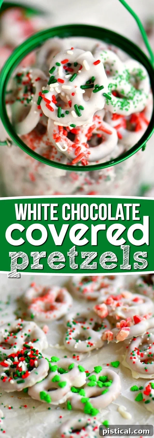 A festive white chocolate covered pretzel, decorated with sprinkles, part of a larger collection of holiday treats.
