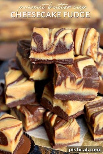Indulgent Fudge Masterpieces 3 Peanut Butter Cup Cheesecake Fudge with chocolate and peanut butter cups