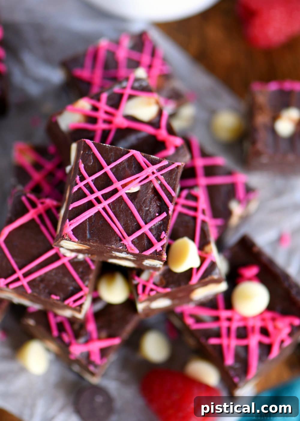 Decadent 5-Minute Dark Chocolate Raspberry Fudge 3 Close-up of Dark Chocolate Raspberry Fudge, showcasing its rich texture and marbling, made with sweetened condensed milk and bittersweet chocolate.