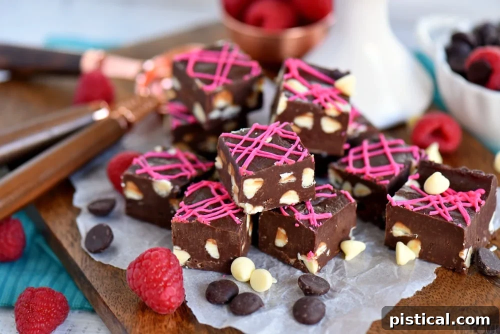Decadent 5-Minute Dark Chocolate Raspberry Fudge 5 A slice of Dark Chocolate Raspberry Fudge, showing its creamy, rich consistency and the marbling effect.