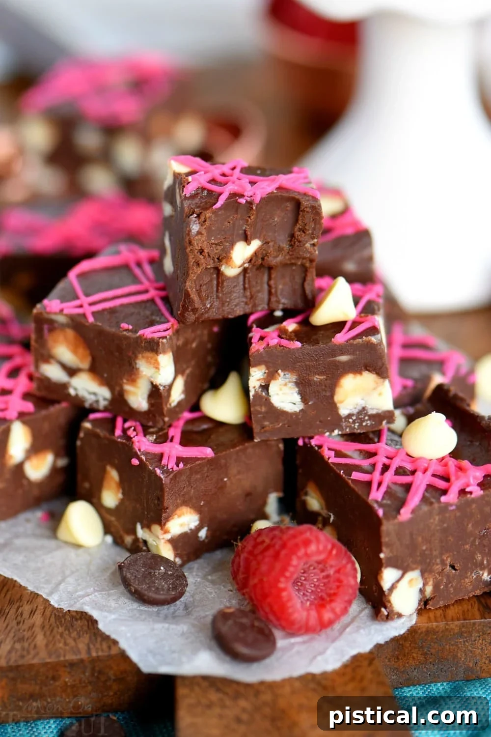 Decadent 5-Minute Dark Chocolate Raspberry Fudge 6 A large block of Dark Chocolate Raspberry Fudge, showing its deep chocolate color and raspberry swirls, perfect for gifting or sharing.