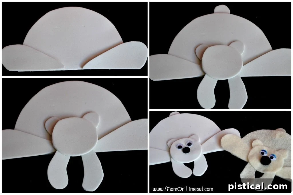 Finished polar bear ornament showing glued googly eyes and black nose, ready for the final step of adding a hanger.