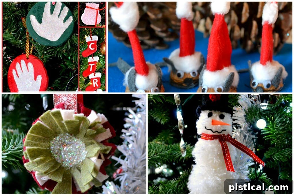 Collage of various DIY Christmas ornaments including Salt Dough, Santa Mouse, Felt Flower, and Pom Pom Snowman crafts.