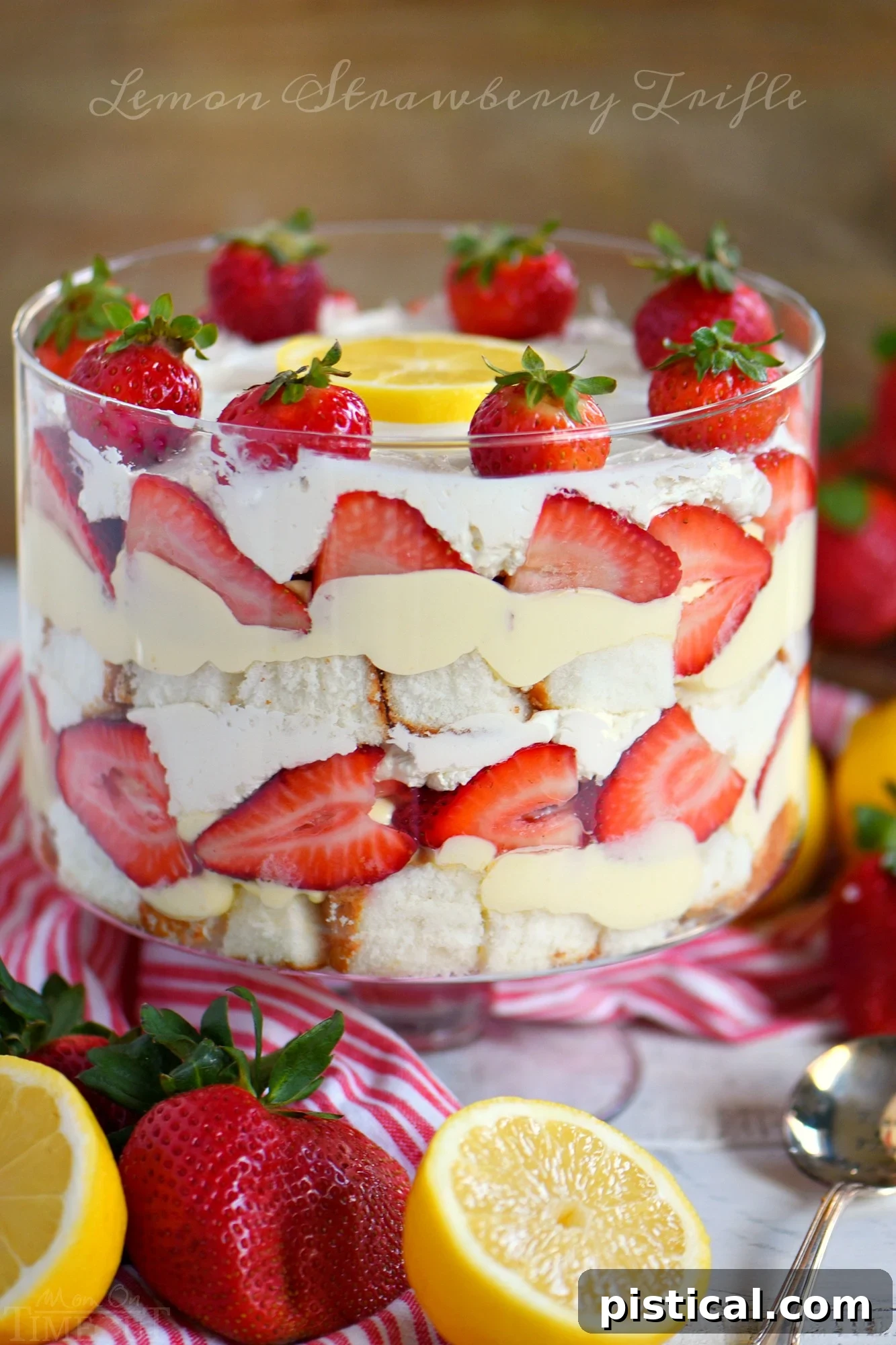 easy-strawberry-trifle-recipe with layers of cake, pudding, and strawberries visible