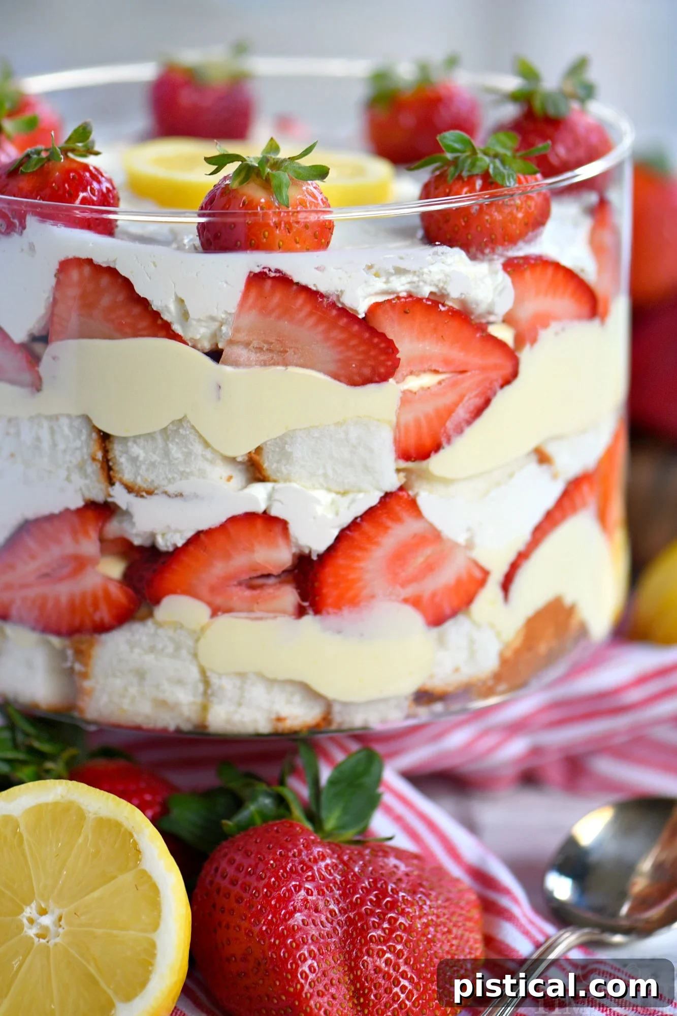 strawberry-lemon-trifle-dish with a clear glass dish showing layers of pudding, cake, and fruit