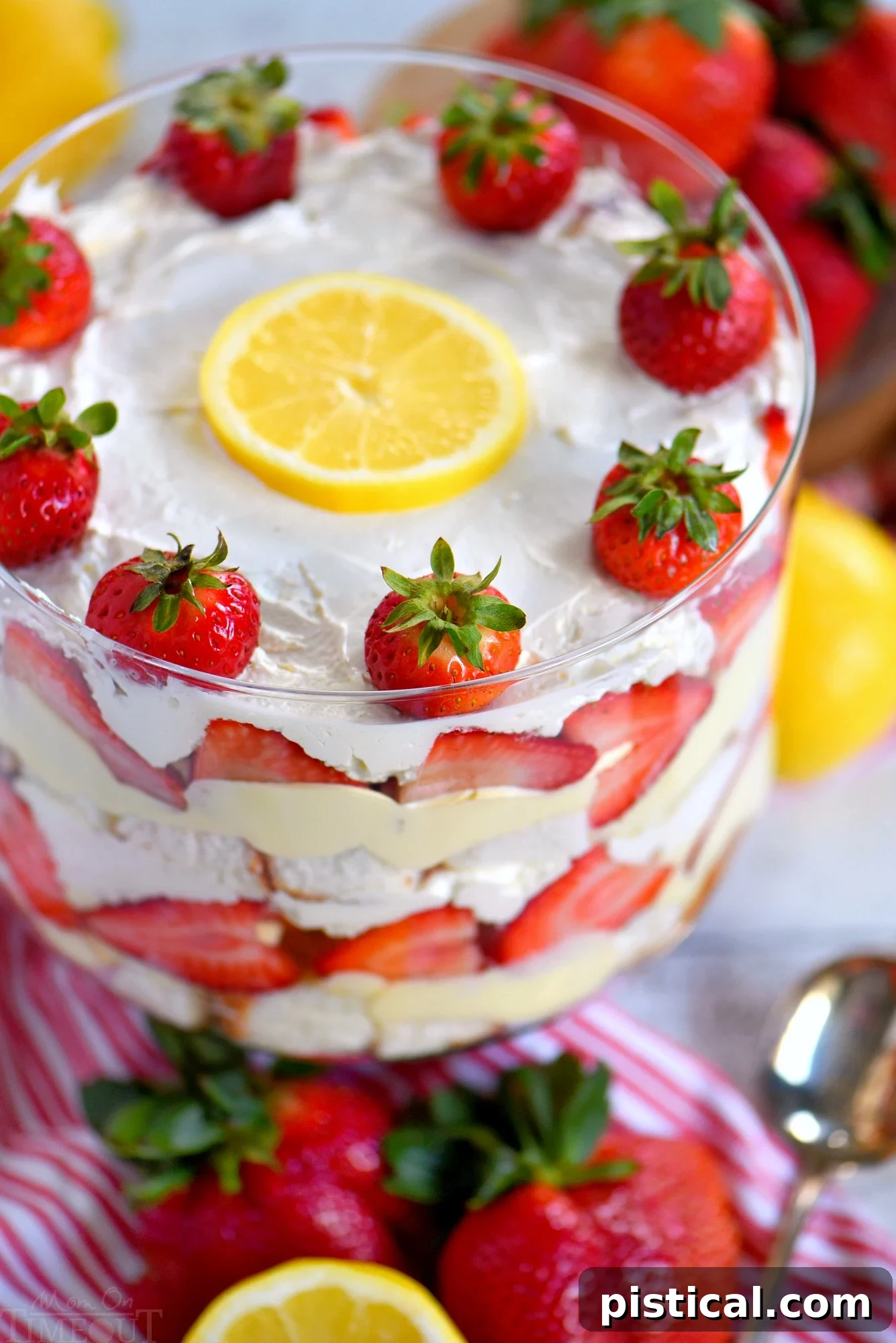 strawberry-trifle with a slice removed, showing all layers clearly