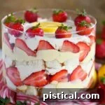 front view of strawberry and lemon trifle layered in a clear glass trifle dish. Topped with fresh strawberry and lemon slice.