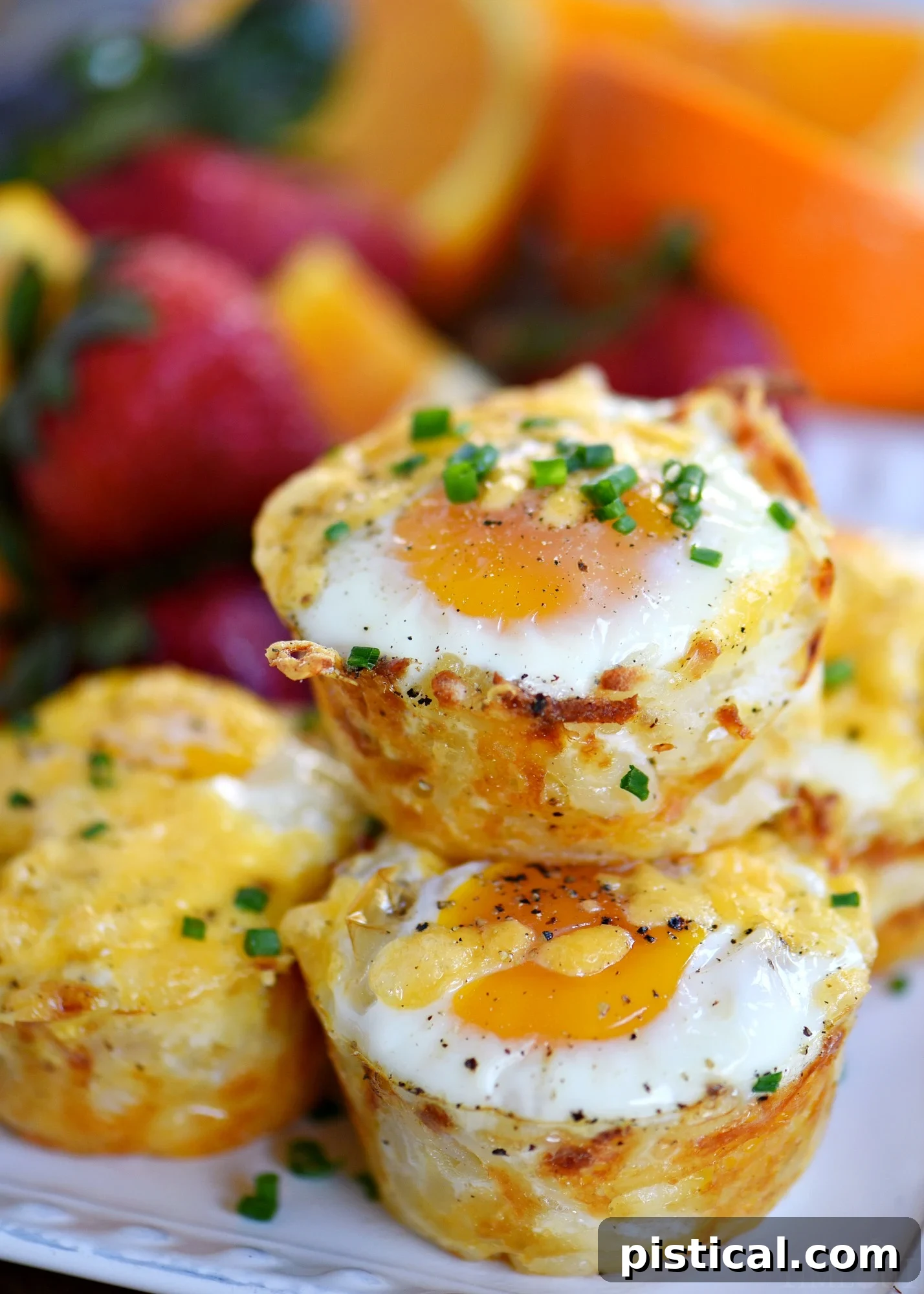 A close-up shot of a single baked Sausage and Egg Hash Brown Cup, showing its crispy edges and perfectly cooked components.