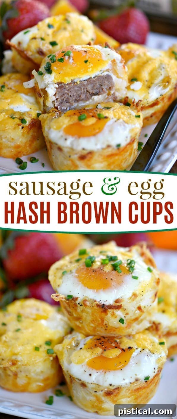 Assortment of Sausage and Egg Hash Brown Cups on a rustic wooden board, garnished with fresh chives, ideal for breakfast or brunch.